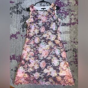 Tiana B multicolor lace over, scalloped hem dress!